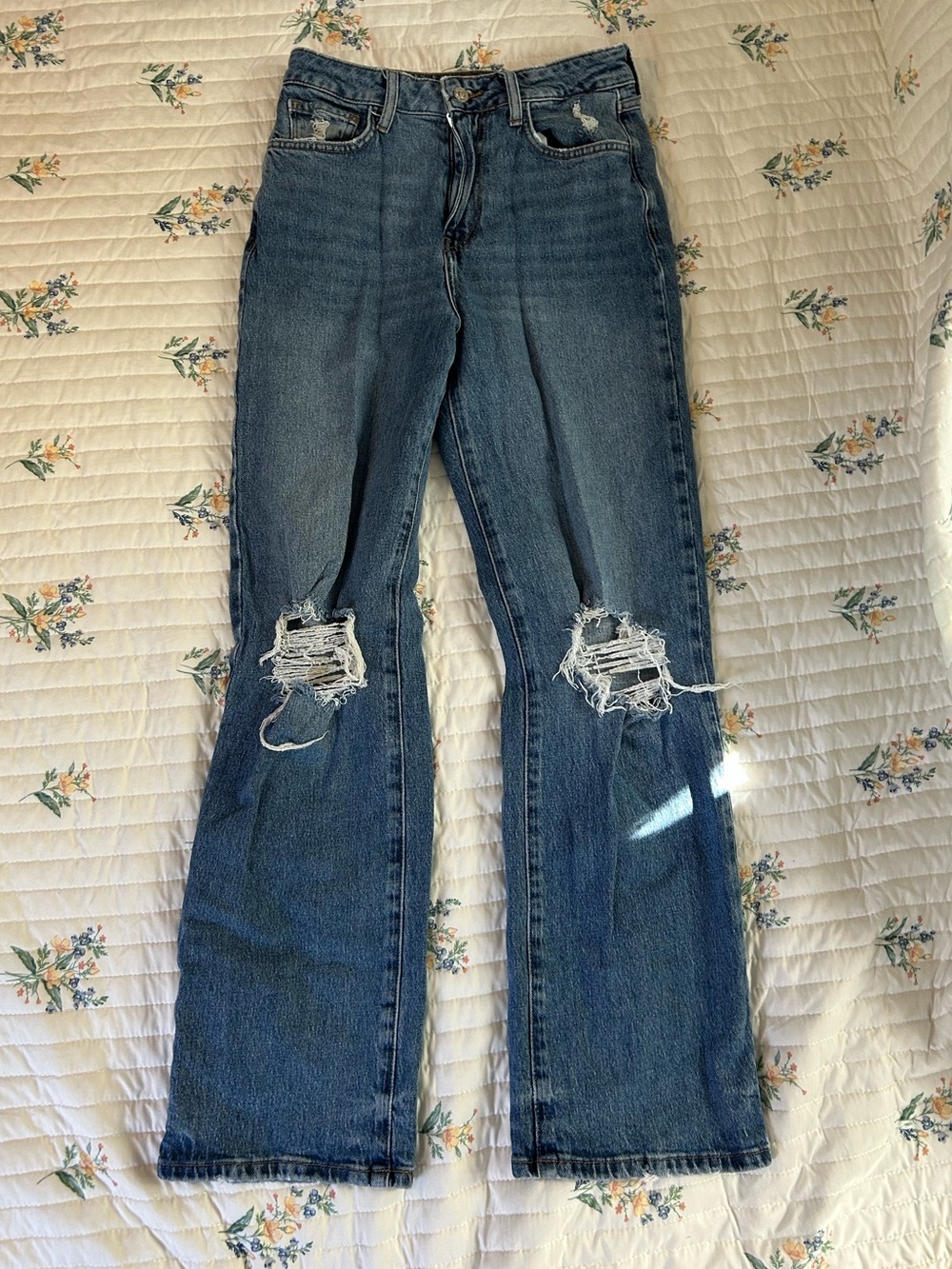 High-Rise Ripped Straight-Leg Jeans in Medium Blue from Forever 21
